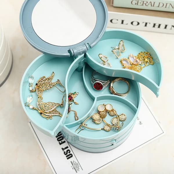 Jewelry Box Makeup Organizer Round Cosmetic Storage 4 Compartments Makeup Box (Blue)
