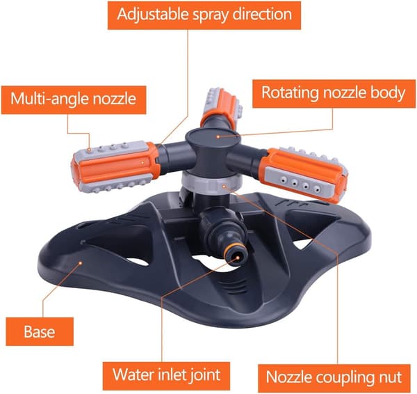 Garden Sprinkler, 3 Arms 360° Automatic Garden Rain, Adjustable Drainage Shape and Water Volume, Large Spray Area