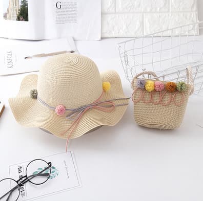 Beige 2-delt sett (hatt+veske sett 47-53CM) Jenter Solhatt Barn Sommer