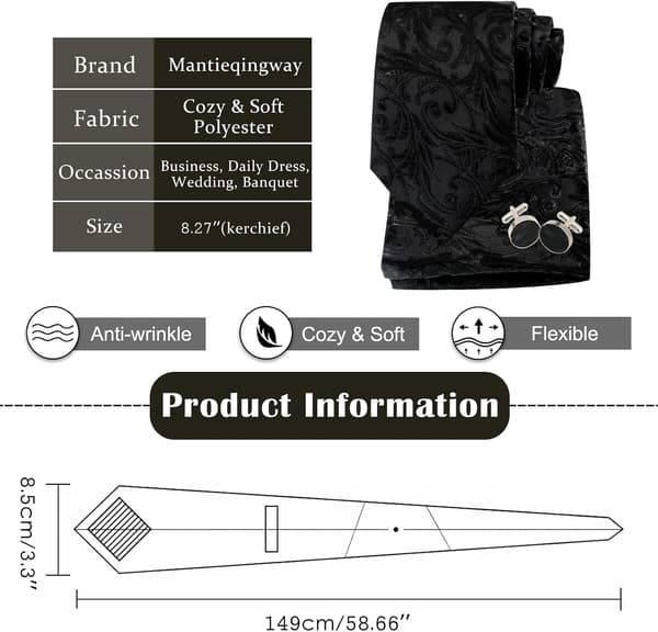 Herre slips sæt vævet silke til mænd og lommetørklæde manchetknapper striber ternet slips forretning bryllup sort mønster - Black Pattern