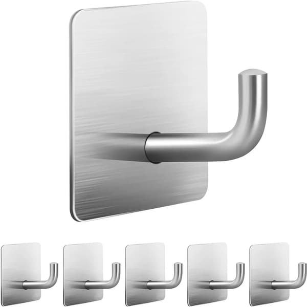 6-pack 304 Stainless Steel Self-Adhesive Towel Hooks, No-Drill Wall Hooks for Bathroom Kitchen Bathroom (Square)
