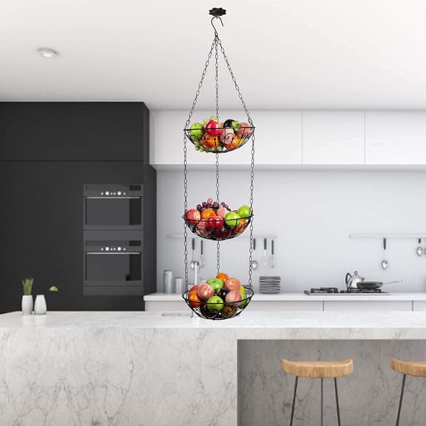 3-Tier Hanging Fruit Basket, Metal Vegetable Baskets Round Fruit Basket Storage Rack for Fruit Vegetable Bread, Black