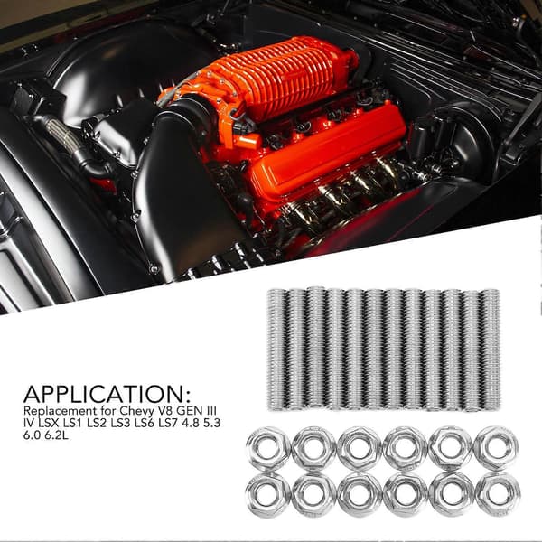 12 stk. rustfri stål cylinderhovedbolte sæt udstødningsmanifoldbolte erstatning til Chevy V8 LSX LS1 LS2 LS3 LS6 LS7