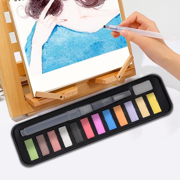 Solid akvarelmaling sæt opløseligt pigment tegning pensel akvarel (12 farver)