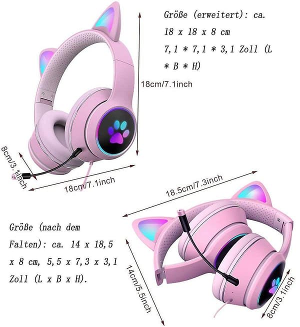 Sammenleggbart spillheadset med katteører, RGB LED-lys, stereolyd, mikrofon, USB 3,5 mm, kablede over-ear spillheadset for barn og voksne