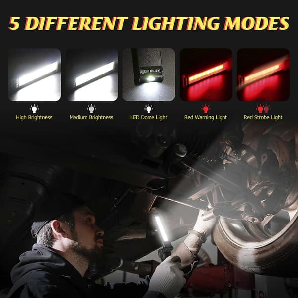 Coquimbo Men's Gift, Rechargeable Work Light COB Flashlight Workshop Lamp with Magnetic Base 5 Modes Camping Light for Garage, Camping, Emergencies