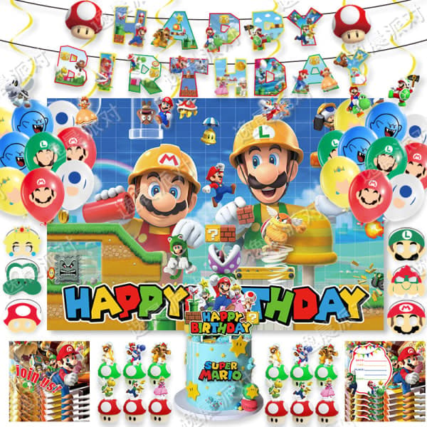 Super Mario Fødselsdagsfest Baggrund Balloner Banner SÆT 1