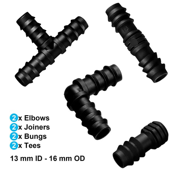 8 kappaletta 1/2 tuuman (16 mm) tippakasteluletkuliitintä (sekoitettu)