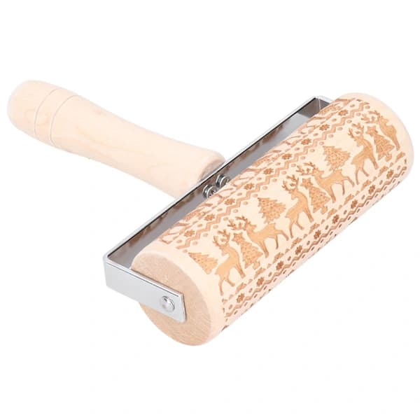Christmas Rolling Pin Wood Christmas Engraved Embossing Rolling Pin Dough Stick Baking Tool Elk