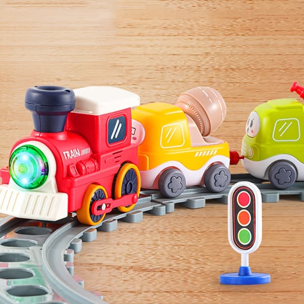Damptogsett med spor, rødt elektrisk leketog, bursdagsgave til gutter og jenter. Lite tog Small Train