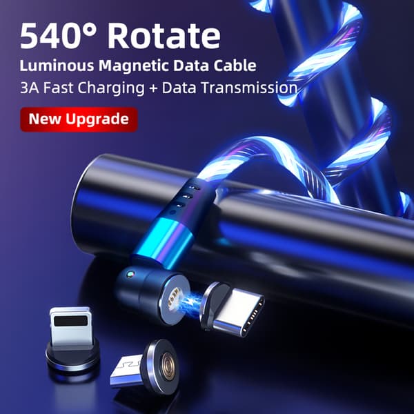 LED Flowing Magnetic Charging Cable 540 Degree Rotating Magnetic Cable Light Cord