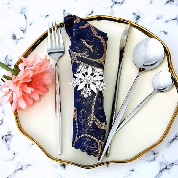Servietringssæt med 6 Rhinestone-Blomster, Servietringholder til Bryllup, Middag, Borddekoration (Sølv)