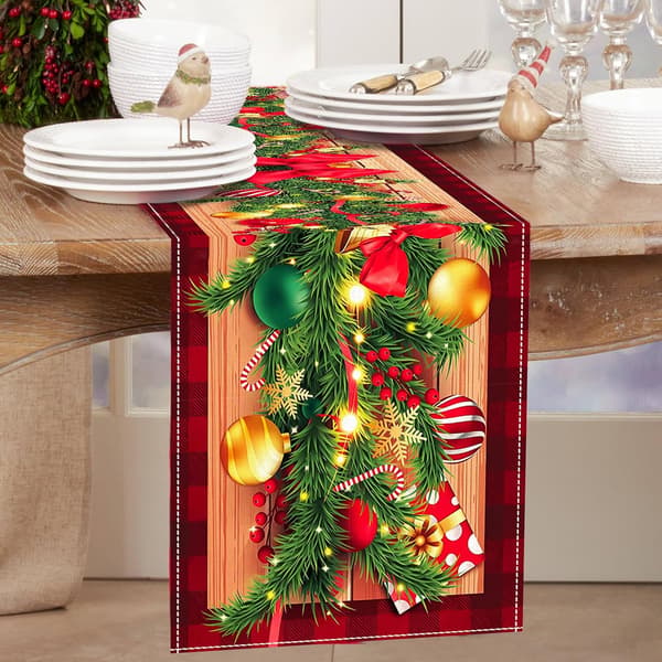 Christmas Tablecloth Red With Trees, Candy And Bells Print Holiday Dinner Decor 275x33cm
