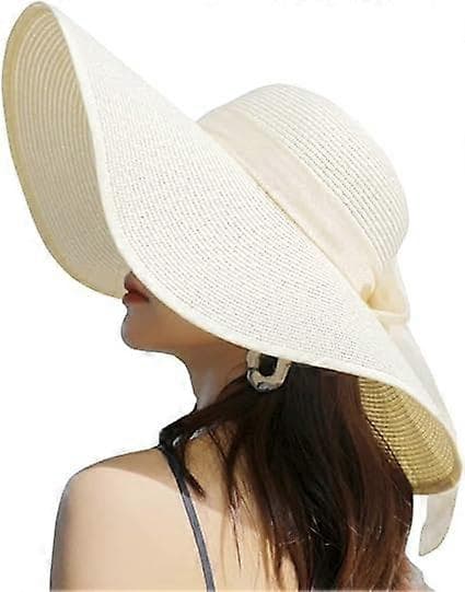 1 stk. Foldbar Floppy Bredskygget Solhat i Halm til Kvinder Sommer Strandhat UV UPF 50+ White