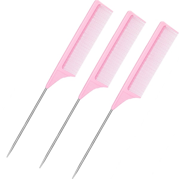 3-pack Råttsvans Kammar i Stål med Kolfiber, Värmebeständiga, för Tupering (Rosa) Pi Pink 3 Count (Pack of 1)