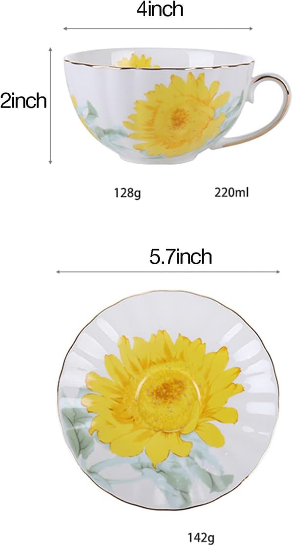 Keramisk solsikke tekoppsett kaffekrus med skål 4 stk - 4pcs
