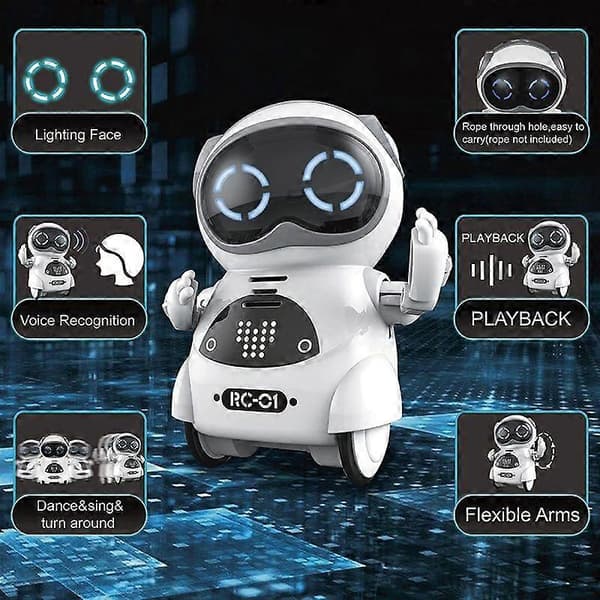 Mini RC Lommerobot for barn med interaktiv dialogsamtale, stemmegjenkjenning, chattopptak, sang og dans hvit white