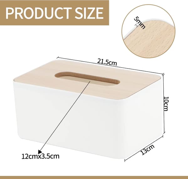 Servietholder med bambuslåg, rektangulær, plast, 21 * 13 * 9,5 cm, servietdispenserboks til stue, kontor, bil, badeværelse (hvid)