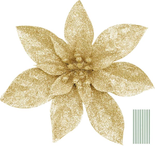 (Gull, 15CM) 10 stk Glitter Juleblomster med Kunstig Poi