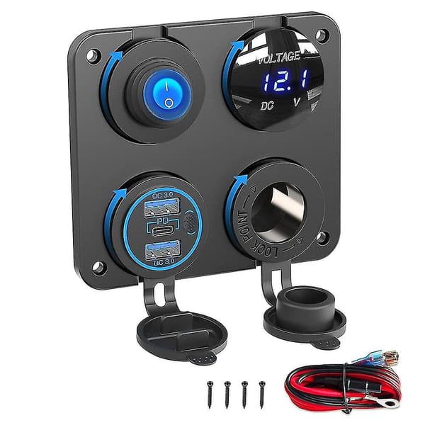 Båt RV 12V laderuttak panel, 4 i 1 DC strøm 12V uttak panel Multi USB hurtiglader med bryter