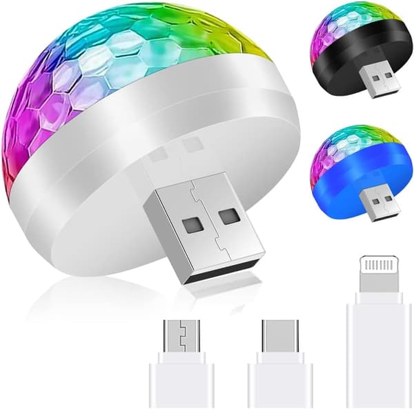 3 stk. USB Mini Diskolamper, Lydaktiverede Flerfarvede Bilatmosfære Festbelysning