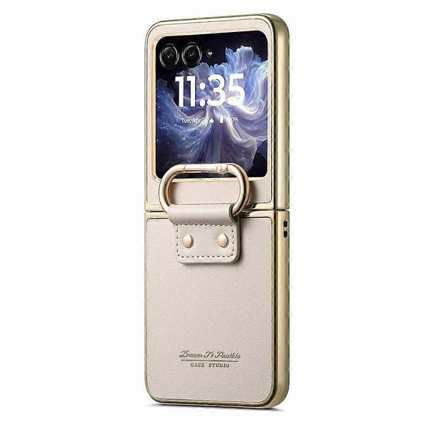 Compatible with Motorola Razr 60 Case Electroplating Leather Coated PC Phone Case with Spring Ring Buckle and Kickstand