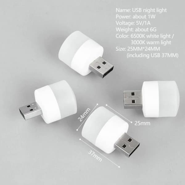 5-pakning USB bærbar LED Mini nattlampe Liten rund lampe HVIT HVIT WHITE