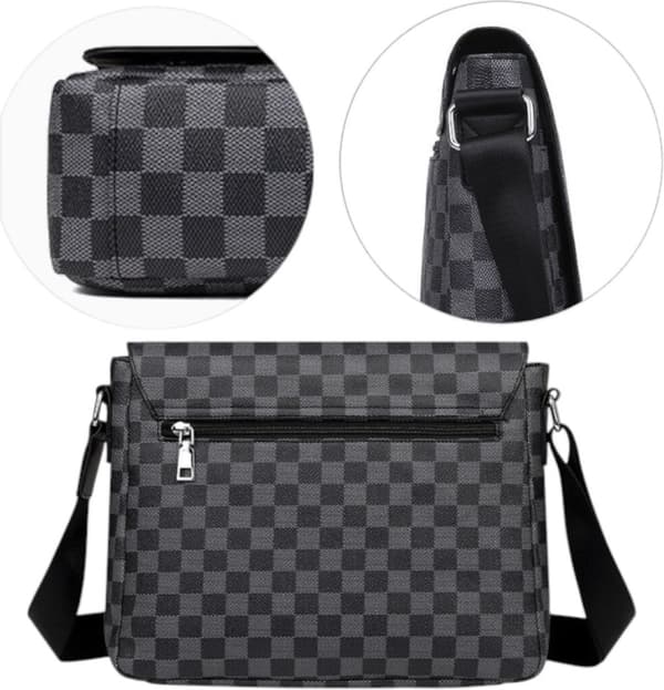 Men's Shoulder Bag, PU Leather Water-Resistant Scratch-Resistant Shoulder Bag with Adjustable Strap for Work Travel, Black Grey Plaid