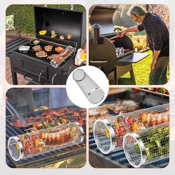 3 stk BBQ Grill Rullende Kurv Grillkurv Rustfrit Stål Grillnet Grill Bærbare Grillkurve til Kød