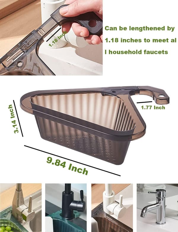 Sink Drain Basket with Strainer, Triangular Sink Drain Basket, Sink Food Drain Basket with Retractable Clips (Black)