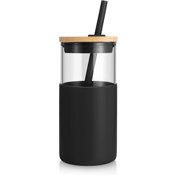 47 cl glastumlare med sugrör och bambulock, återanvändbar iskaffemugg, smoothie-muggar, tumbler med silikonskydd - svart