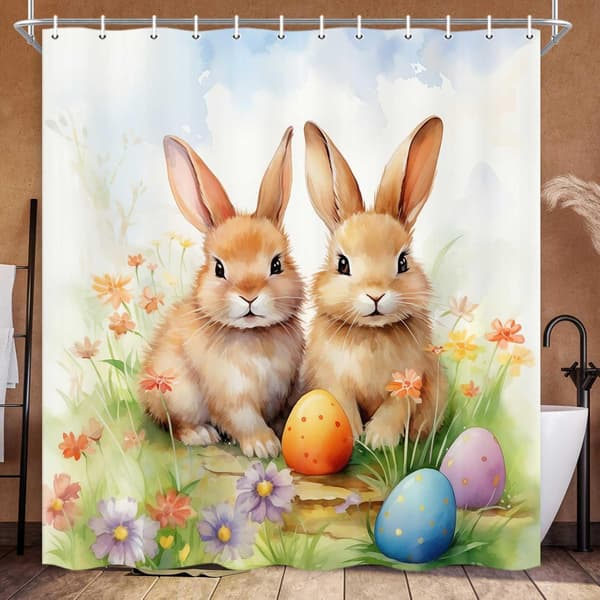 Duschdraperi för påsk, retro blommigt duschdraperiset med krokar 180x180 cm
