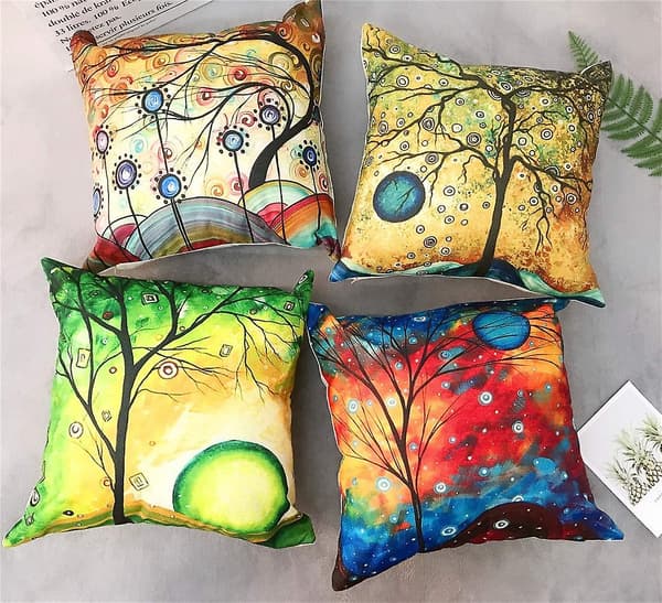 Set med 4 färgglada mönstrade kuddfodral i bomullslinne, 45 x 45 cm