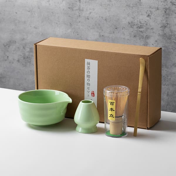 4-delat matcha-teset, japansk stil tevisp matcha-skål, ljusgrön