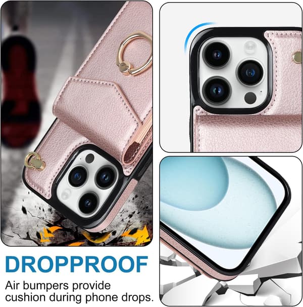 Kompatibelt iPhone 15 Pro Max Skal 6.7 tum, Minimalistisk Plånboksfodral med Ringstativ och Axelrem - Roséguld