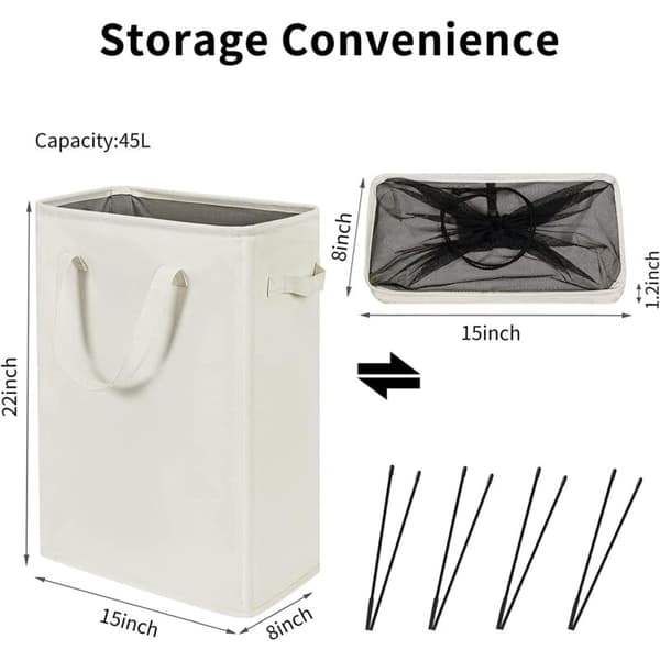 Tall Foldable Laundry Basket with Handles 45L Beige