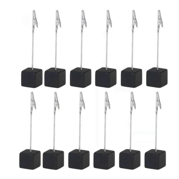 12-pack Wooden Card Holders with Memo Clips, Decorative Table Number Holders for Desk and Bedside Table Decoration, Black Cube Base