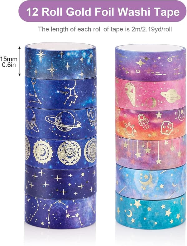 12 ruller teipsett, stjernehimmel dekorativ washi-teip 15 mm x 2 m