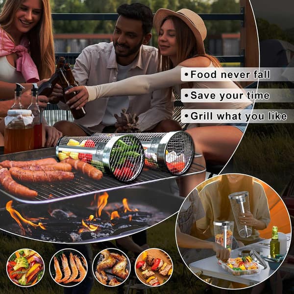 2 stk. rullende grillkurve - Den bedste grillkurv nogensinde, rund grillnet i rustfrit stål-FA-