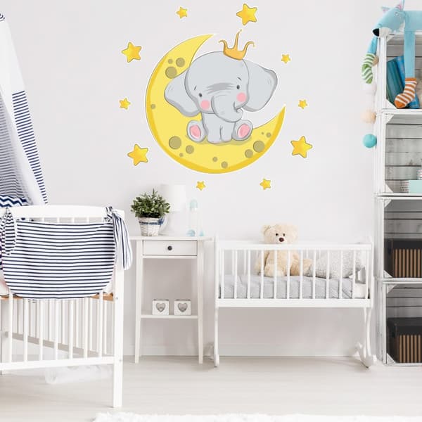(B) Flying Elephant Wall Decals Animal Cloud Moon Star Wall Stickers