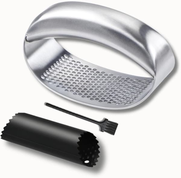 Hvidløgspresser 18/10 rustfrit stål med solid vipperfunktion, manuel hakker i rustfrit stål, innovativ cirkulær hvidløgsknuser med hjul