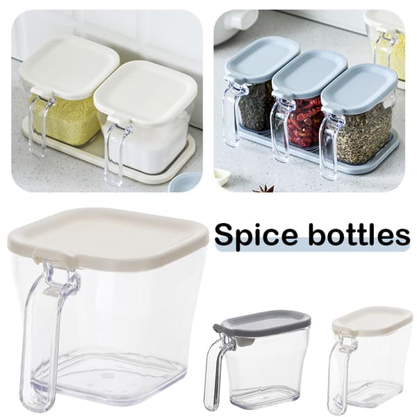 Clear Spice Rack Spice Jars Spice Box Set Spice Container with Lid and Spoon Gray Square Gray Square