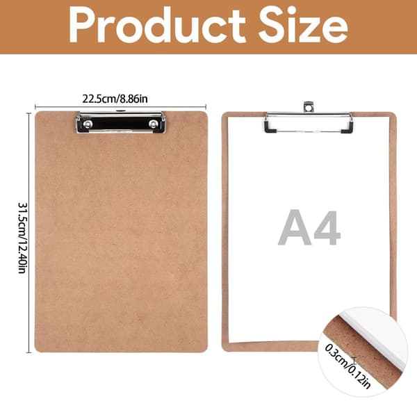 A4 Clipboard, 4-pack Wood Hardboard Office Clipboard with Low Profile Clip