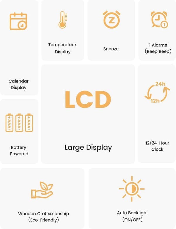 Digital väckarklocka, sängklocka i trä med stor LCD-bakgrundsbelyst display, temperatur, snooze-funktion, ljussensor, batteri ingår EJ