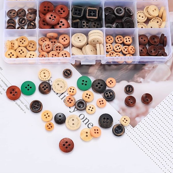 Blandade 225 Träknappar Handgjorda DIY Skjortknappar 13mm15mm Multi-Storlek