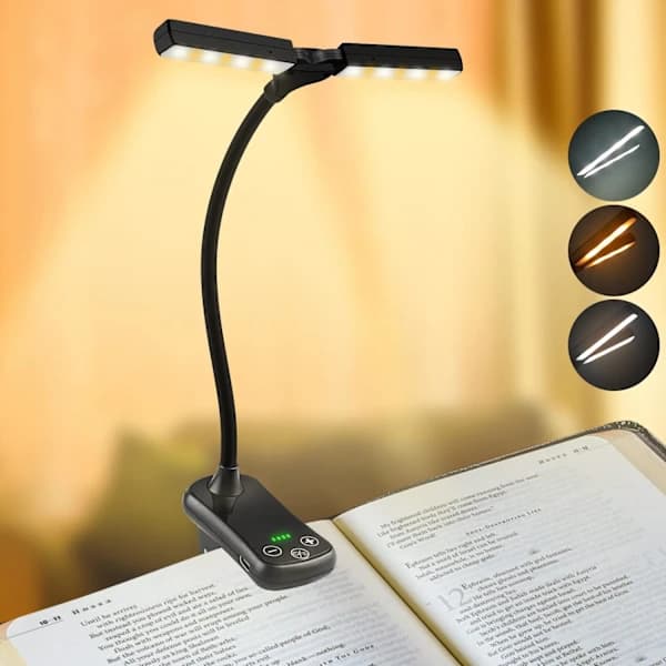 Oppladbar leselampe med dobbelthode, 14 LED, fleksibel klemme