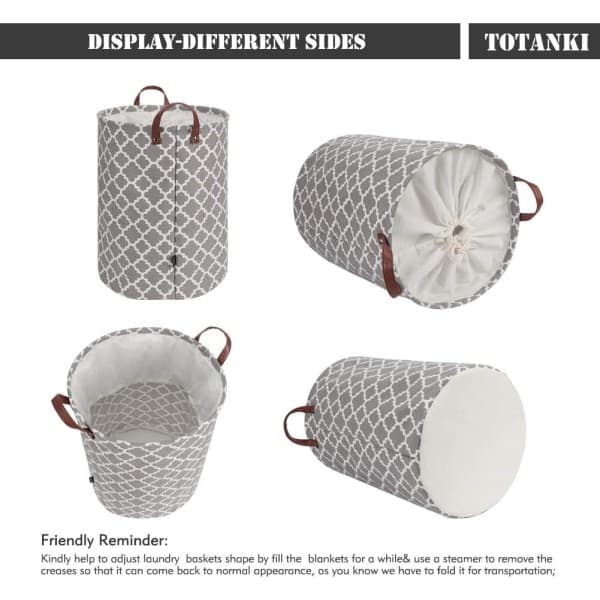 48L Large Laundry Hamper with Durable Leather Handle, Drawstring
