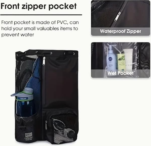 Mesh Drawstring Backpack with Wet Compartment, Large Capacity for Swimming, Surfing, Travel, Gym, Black