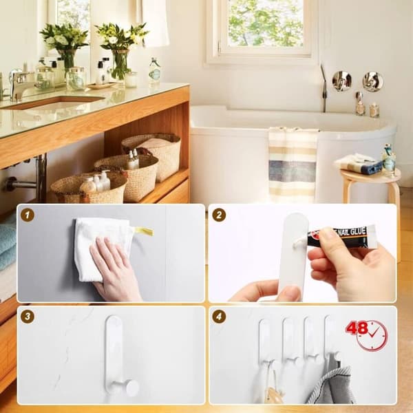 Self-adhesive hook, 4 pcs aluminum bathroom wall hook without drilling waterproof towel holder, tea towel hanger kitchen office hooks, white
