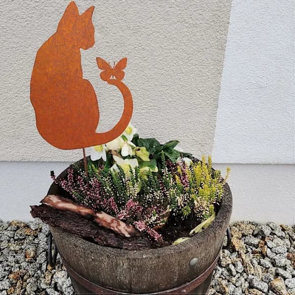 Rusten Kat Havepynt til Blomsterkrukke, Naturlig Rustpatina, Retro Blomsterhavepynt til Havesterrasse Balkon